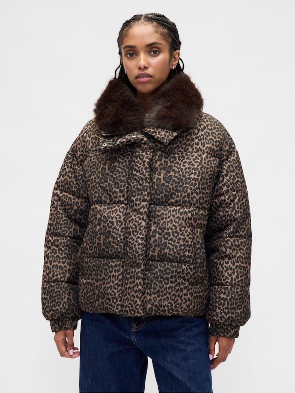 GAP Faux Fur Trim Leopard Print Puffer Jacket with removable  Faux Fur Collar